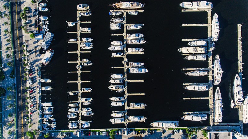drone view marina harbour and harbor 4k