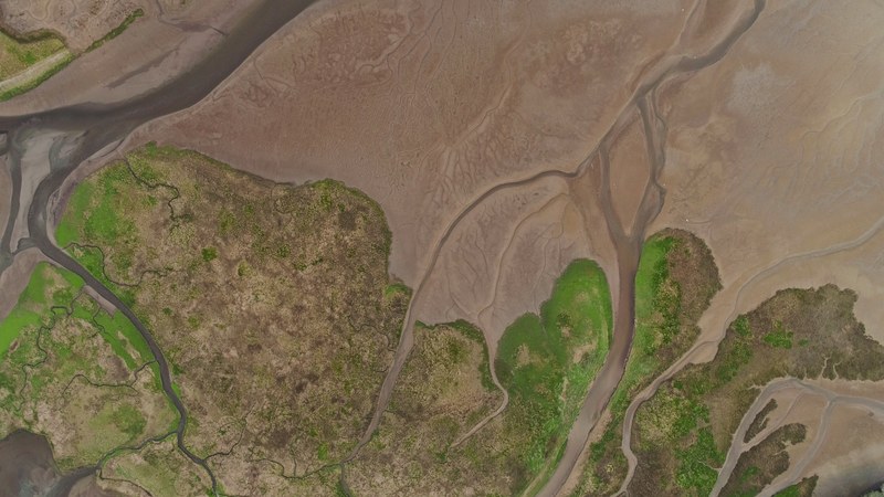 a drone shot of a marsh in a river estuary in the discovery bay, over discover bay 4k