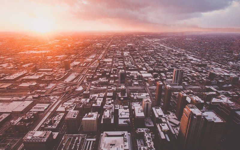 sprawling chicago during sunset, on top of chicago 4k