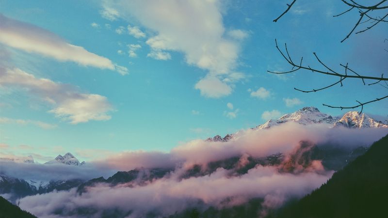 mountains, mist, sky, peak, 4k