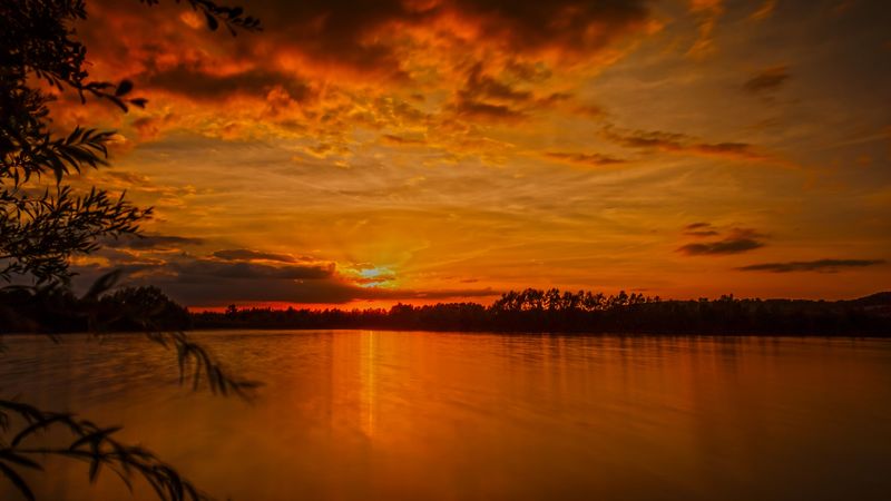 sunset, horizon, sky, river, 4k
