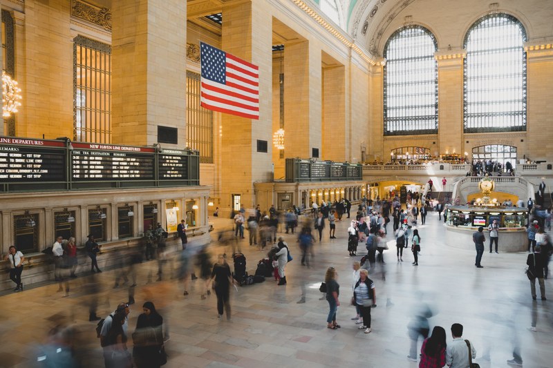 a blurred shot of a pedestrian movement time lapsed at grand central terminal, foot traffic at grand central terminal 4k