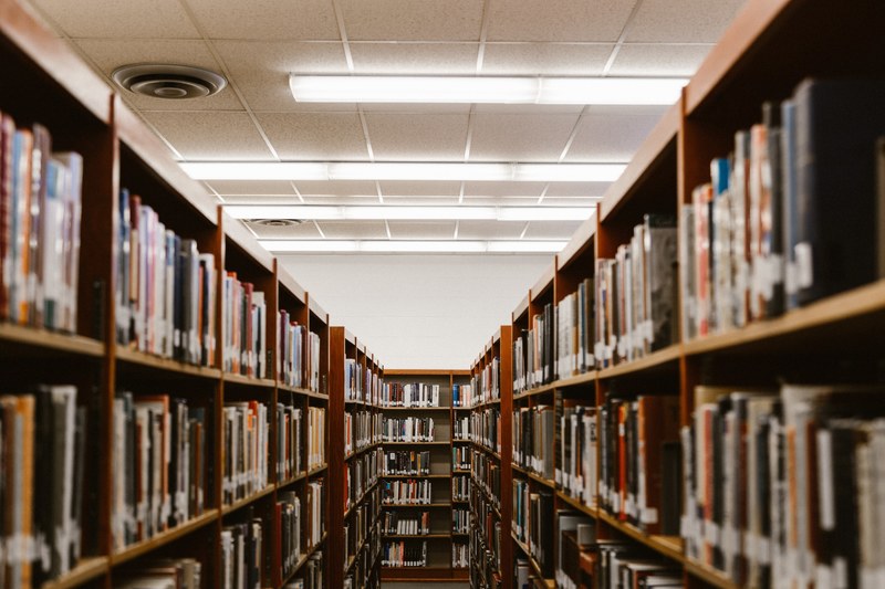 long book filled shelves in a library, library shelves 4k