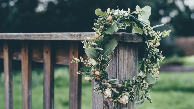 wreath, flowers, fence, 4k