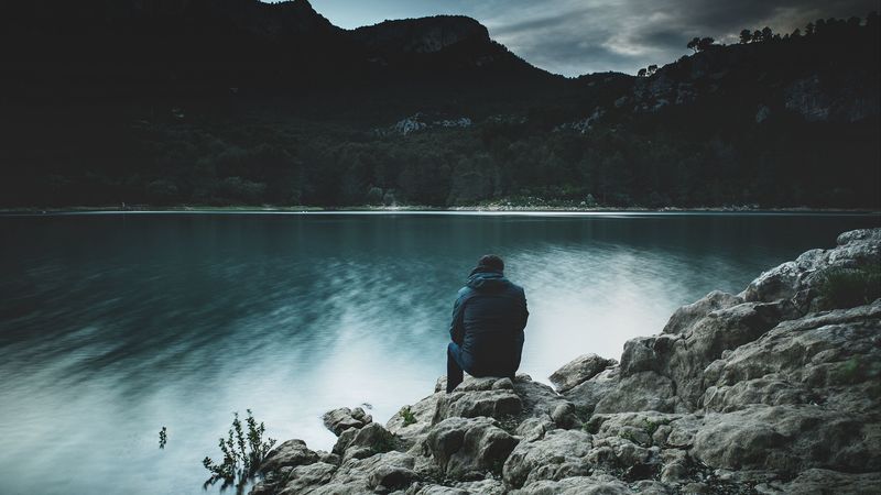 man, mountain, lake, landscape, 4k