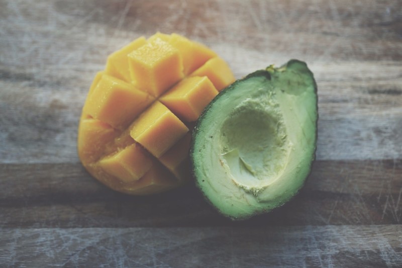 avocado mango fruit and wood 4k