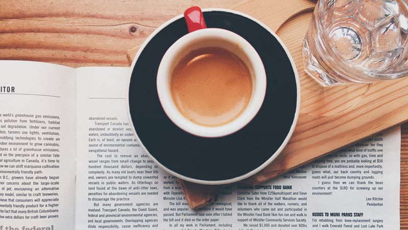 cup, coffee, newspaper, breakfast, 4k