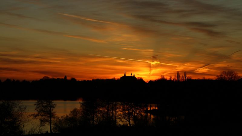 horizon, sunset, castle, silhouette, 4k