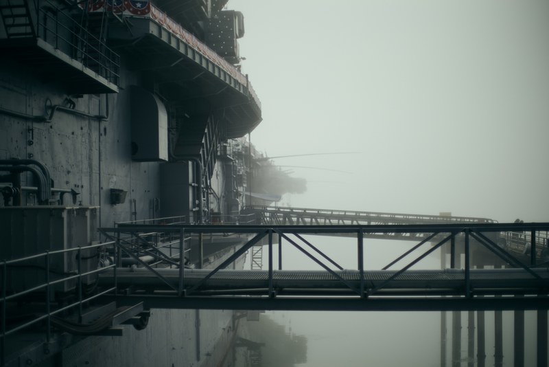 desaturated photo of an oil rigs bridge covered in fog, _uss lexington 4k