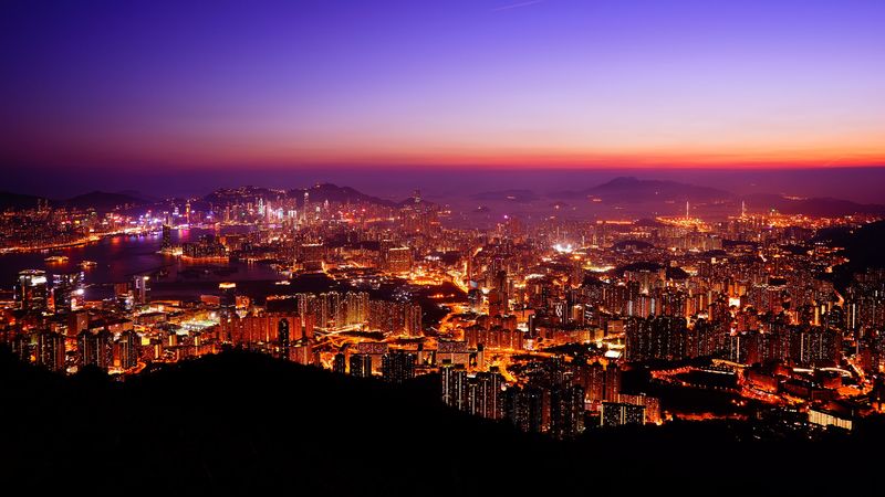 night city, lights, sunset, 4k