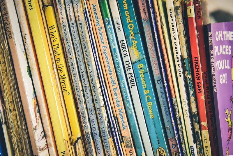 several childrens books on a shelf, childrens books 4k