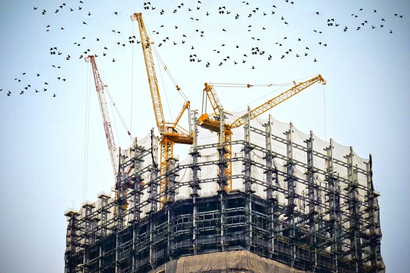 birds flying around a half built building and construction site, construction site birds 4k