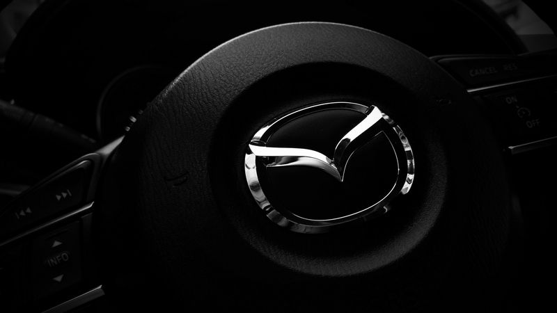 mazda, steering wheel, logo, 4k