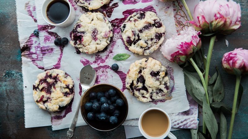 biscuits, pastry, blueberry, coffee, 4k
