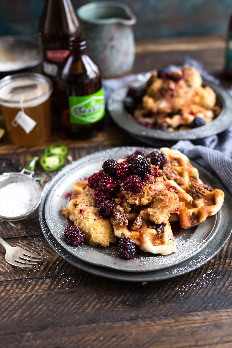 waffles with berries and syrup at a cafe, chicken and waffles 4k