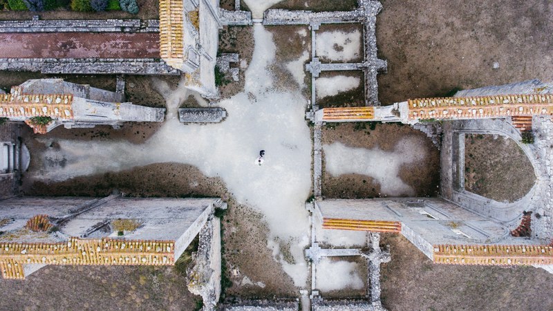 rivedoux plage wedding from drone view with melting snow on ground, drone view of rivedoux plage wedding 4k