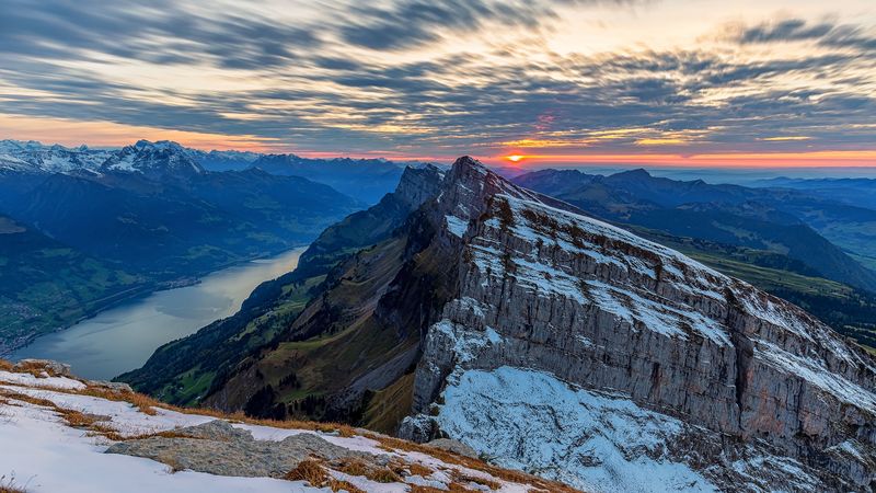 mountains, sun, snow, rocks, 4k