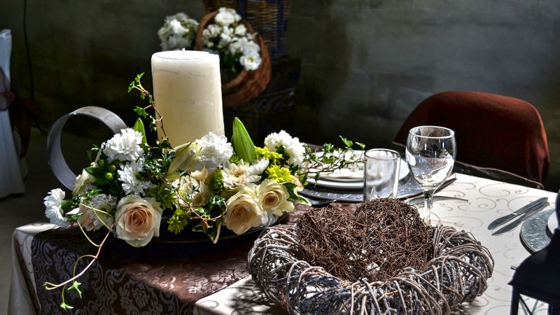 candle, bouquet, table, decoration, tableware, 4k
