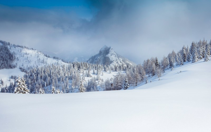 a background consisting of a foggy sky at the winter alps in postalm, postalm austria 4k