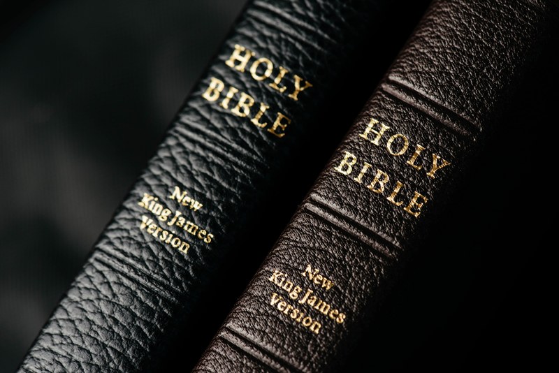 the spines of two leather bound new king james version holy bibles with black background, two leather bibles 4k