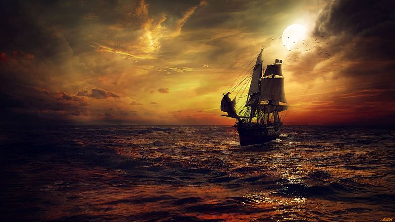 ship, sun, sunset, sails, 4k