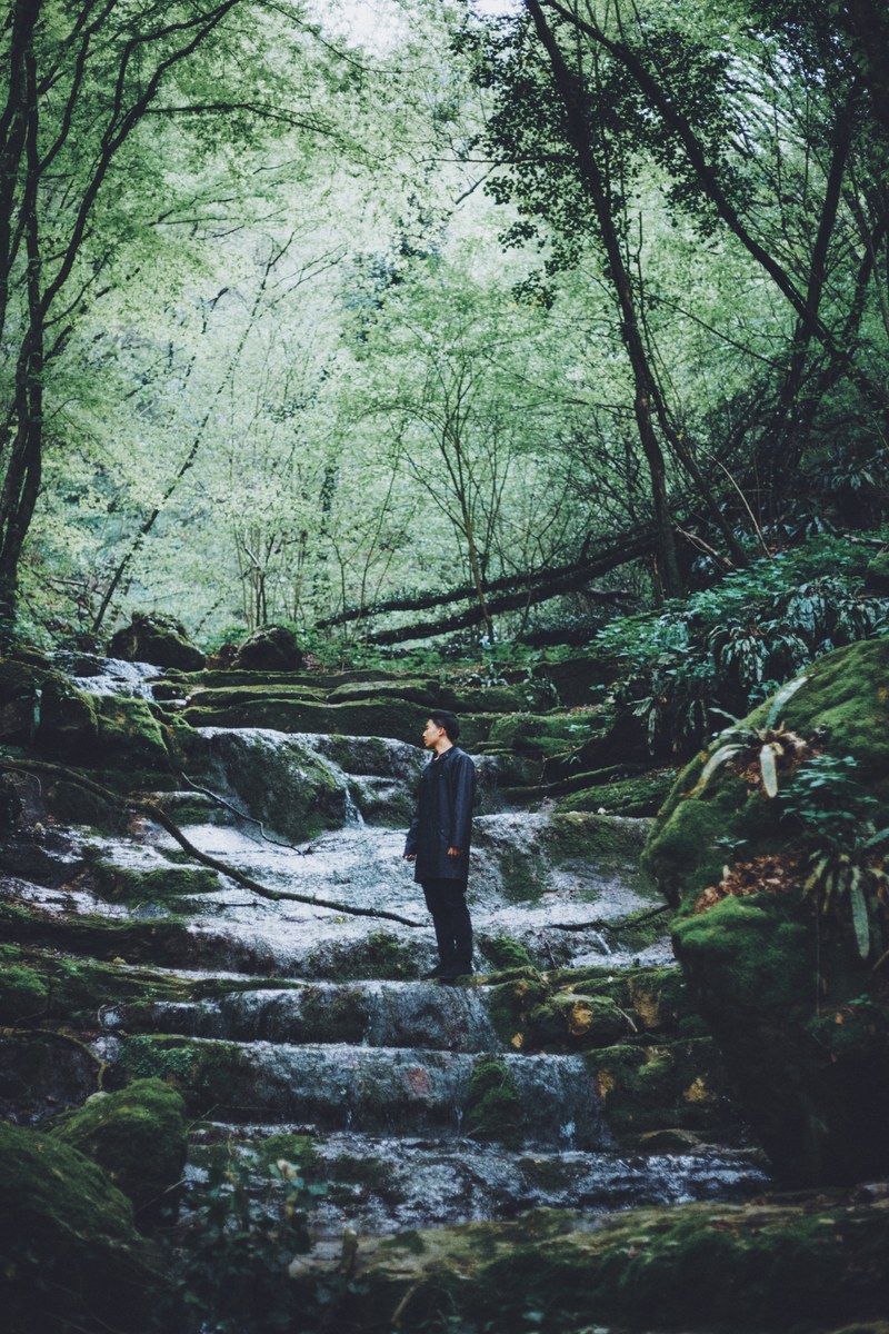 a young man standing on a rocky bed of a cascading stream in a forest, man on a streams bed 4k