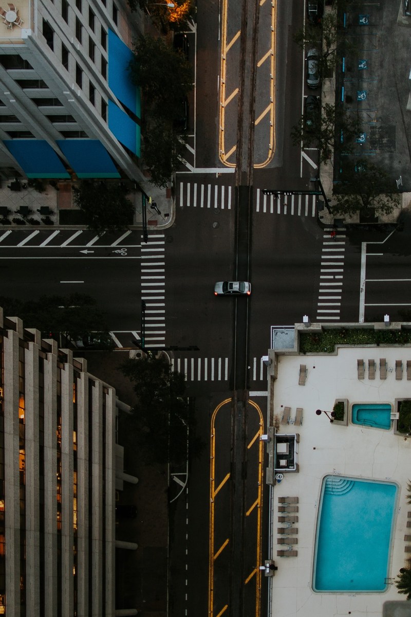 downtown intersection cross roads and roof top swimming pool hd, 4k