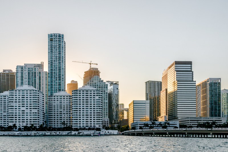 high rises at the waterfront in miami seen from the water, miami waterfront skyline 4k