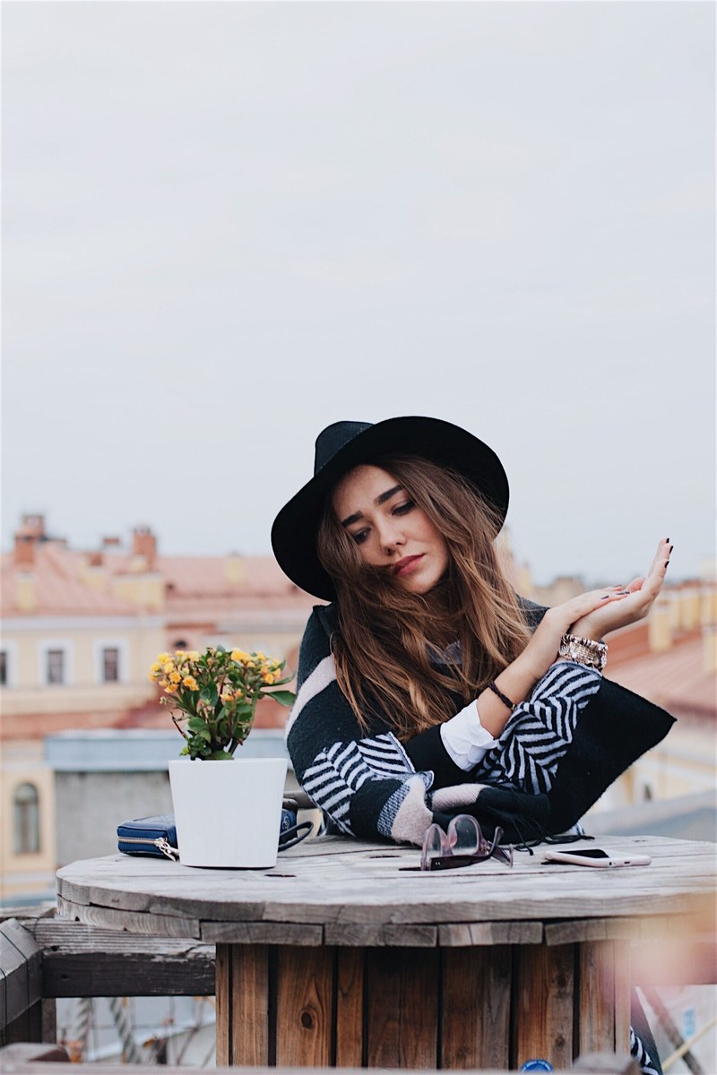 woman in hat fashion woman and sitting at table hd, 4k