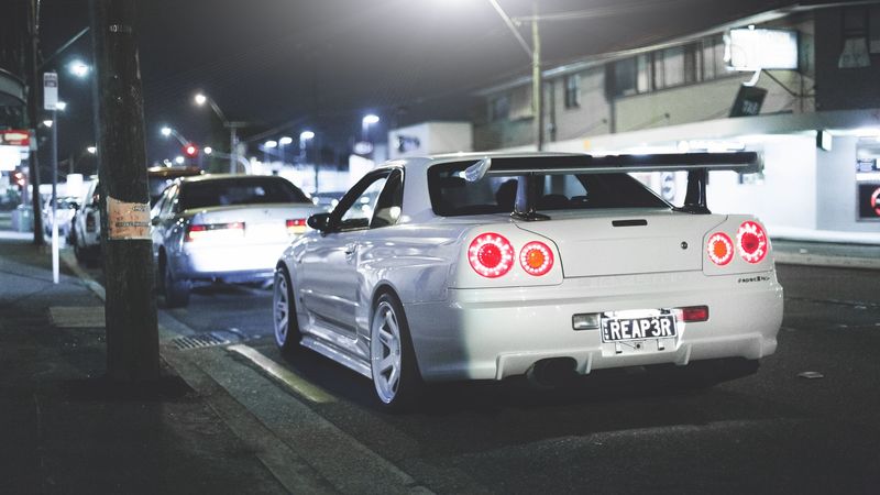 nissan, skyline, r34, gt-r, rear view, 4k