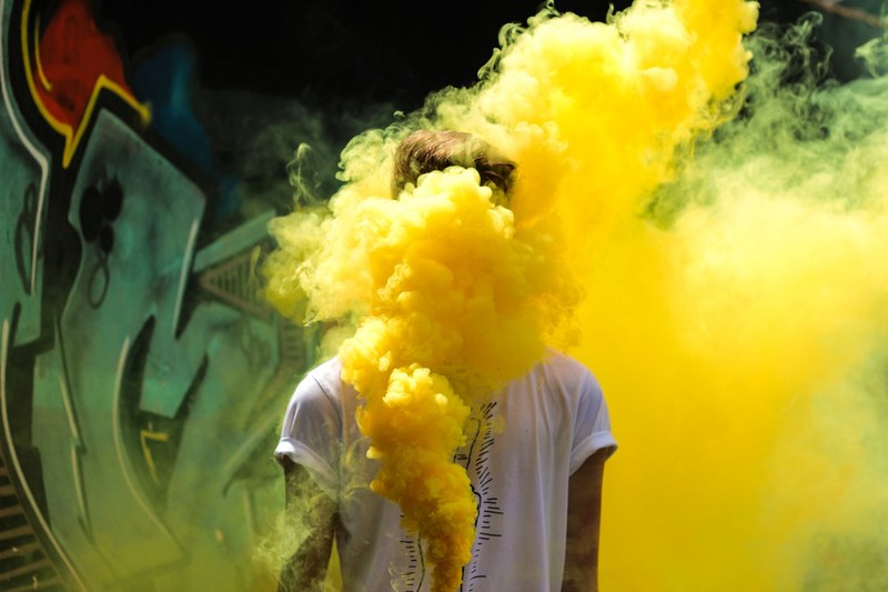 yellow smoke coming from a taggers spray paint can, _uknown face 4k