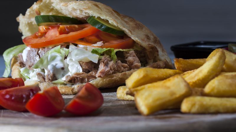 burger, vegetables, potatoes, 4k