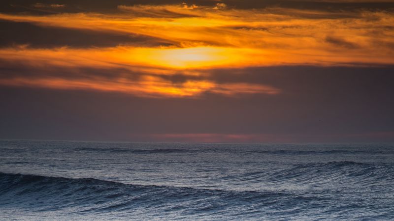 waves, rocks, horizon, sun, 4k