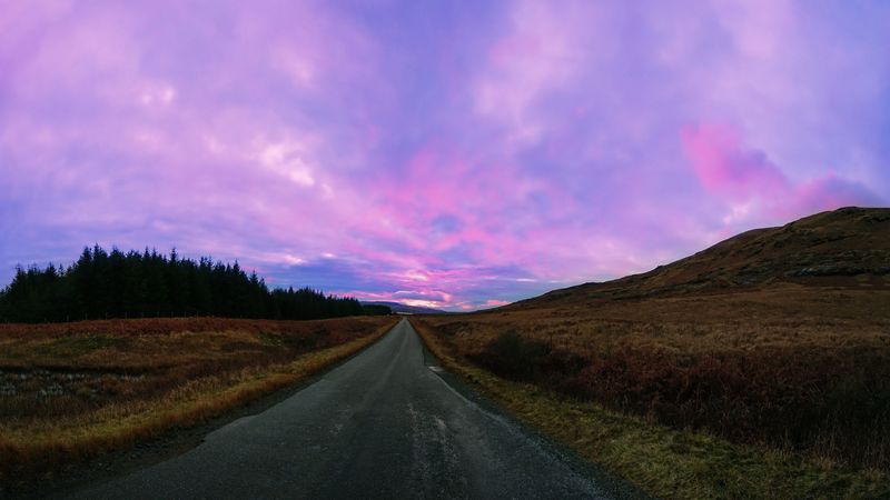 road, sky, grass, 4k