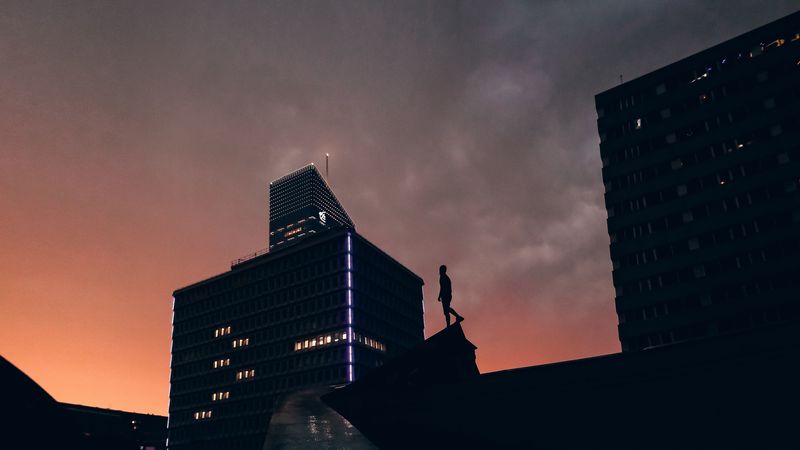 silhouette, city, buildings, sunset, 4k