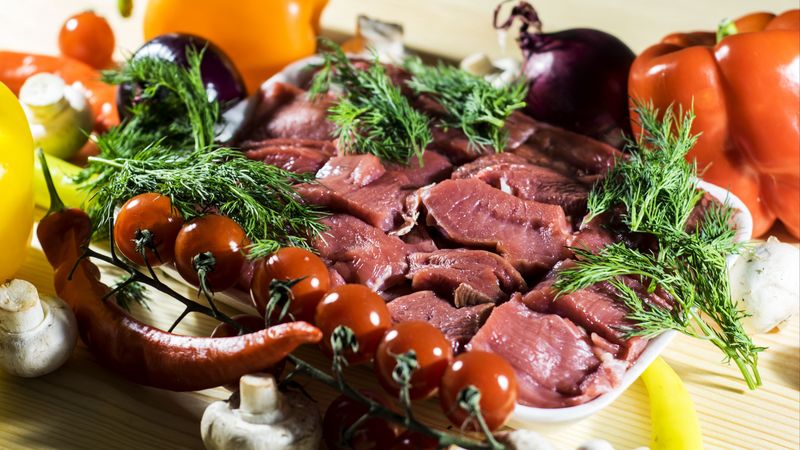 goat, meat, vegetables, dinner, 4k