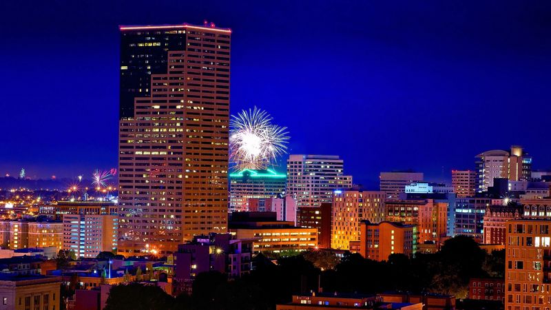 portland, oregon, night city, fireworks, 4k