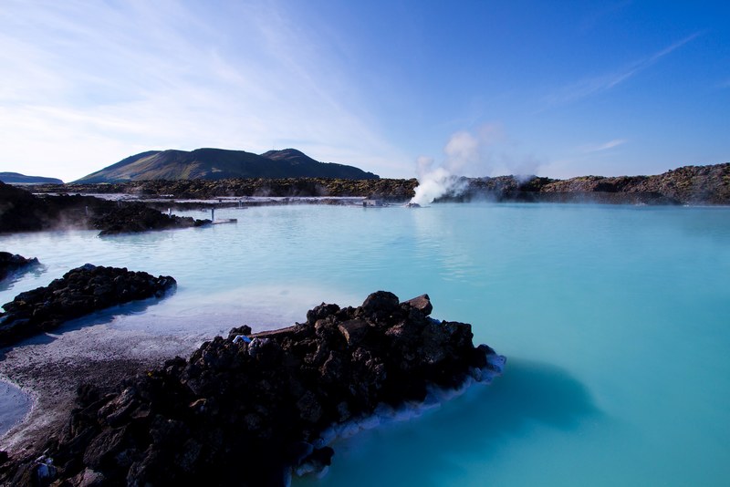 clear blue water and sky with hot rock spring in blue lagoon spa reykjavik iceland, blue lagoon spa spring 4k