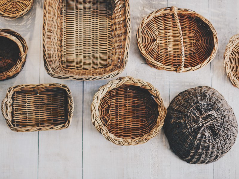 an overhead shot of wicker baskets in various sizes and shapes, woven baskets 4k