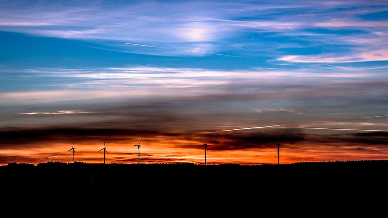 windmills, sunset, skyline, beautiful, 4k