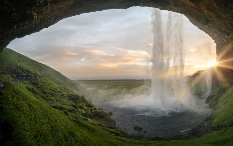 icelandic waterfall cave 4k