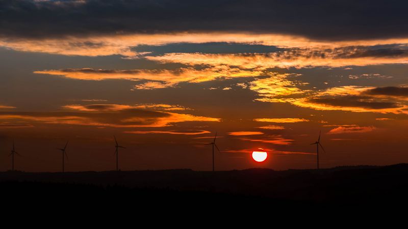 windmills, sunset, sky, 4k