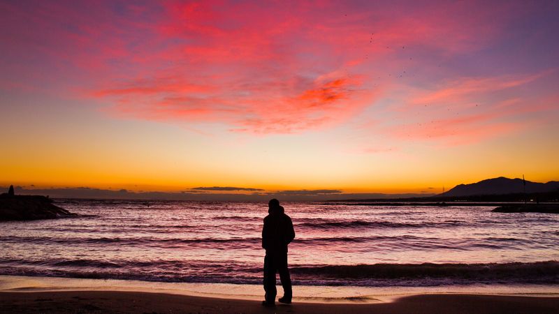 silhouette, sunset, horizon, sea, 4k