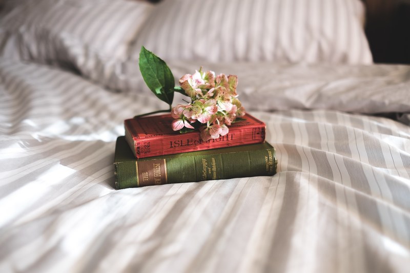 two old books and a bunch of delicate tree flowers on bed sheets, the smell of books 4k