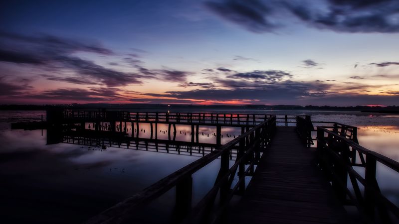 pier, lake, sunset, sky, 4k