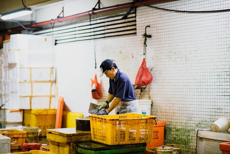 a man in a baseball cap chops fish in a processing facility, man chopping fish 4k
