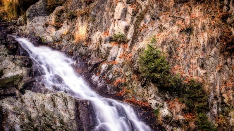 waterfall, mountains, rocks, hdr, 4k