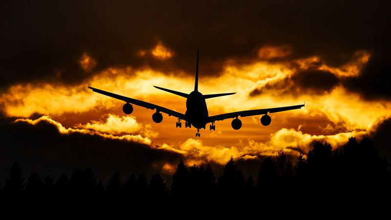 airplane, clouds, sky, sunset, 4k
