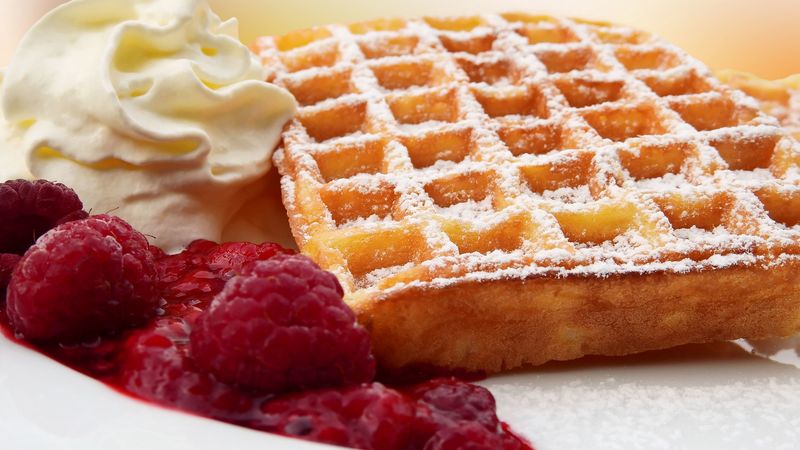 belgian waffles, powder, raspberry, cream, jam, 4k