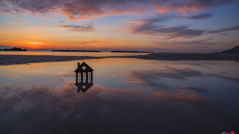 sunset, house, heart, horizon, 4k